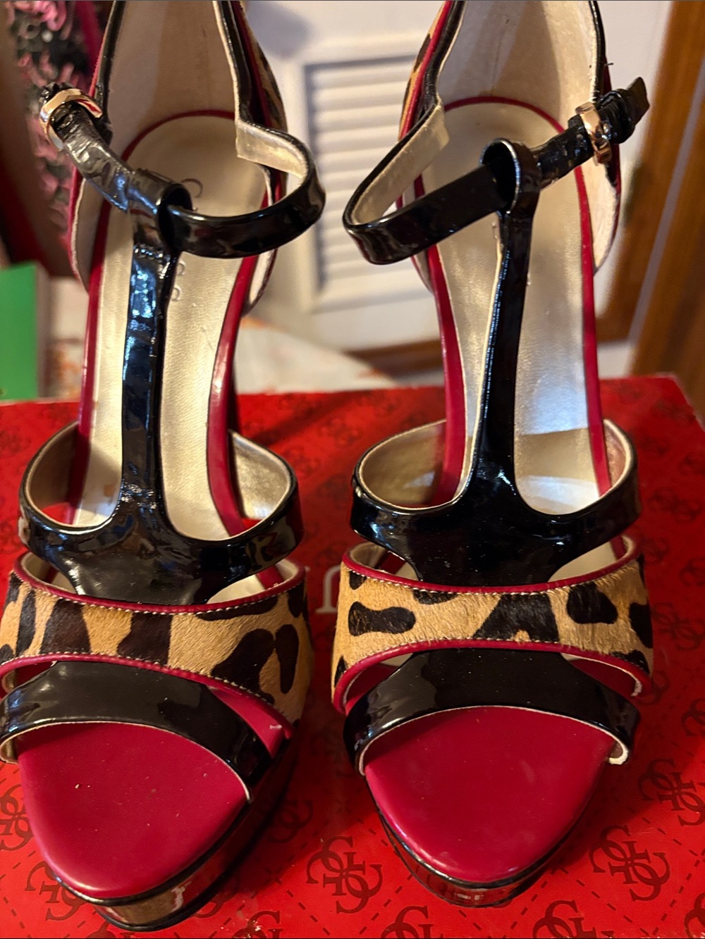 Guess Black Patent & Red Leopard T-Strap Heels